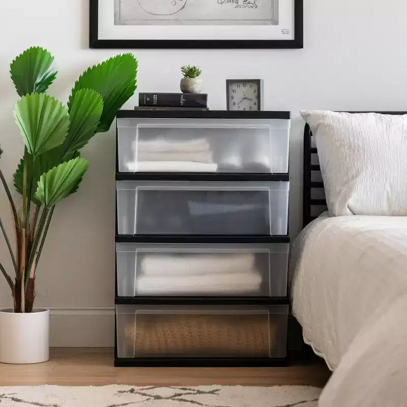 4-Drawer Wide Plastic Storage Chest - Black