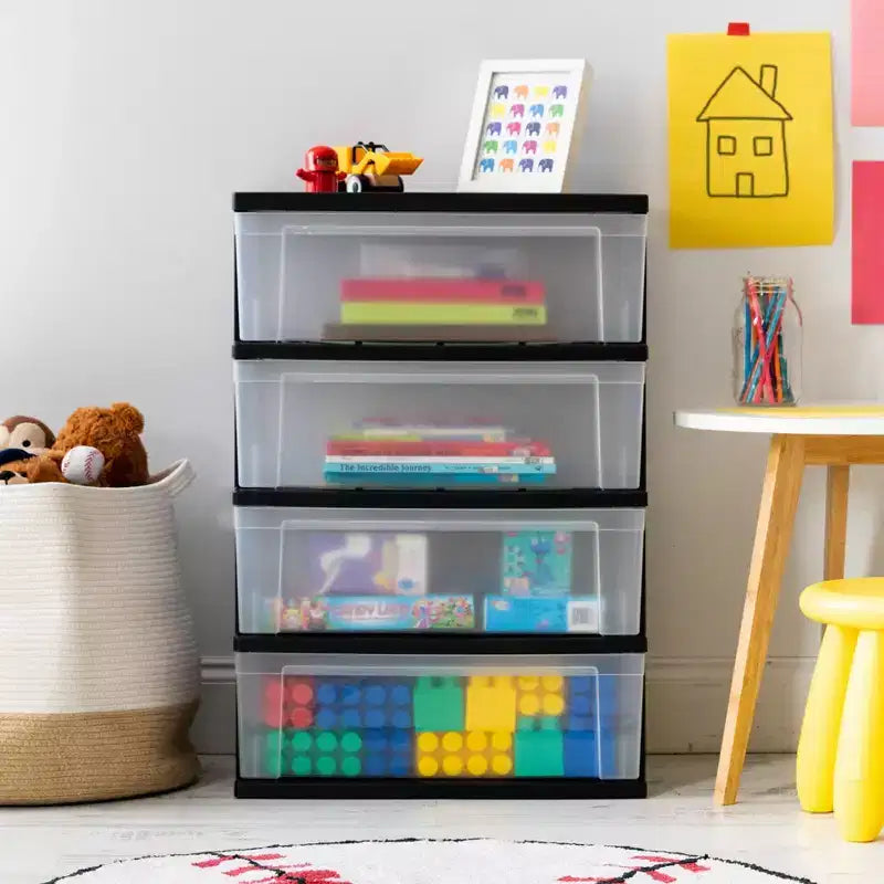 4-Drawer Wide Plastic Storage Chest - Black