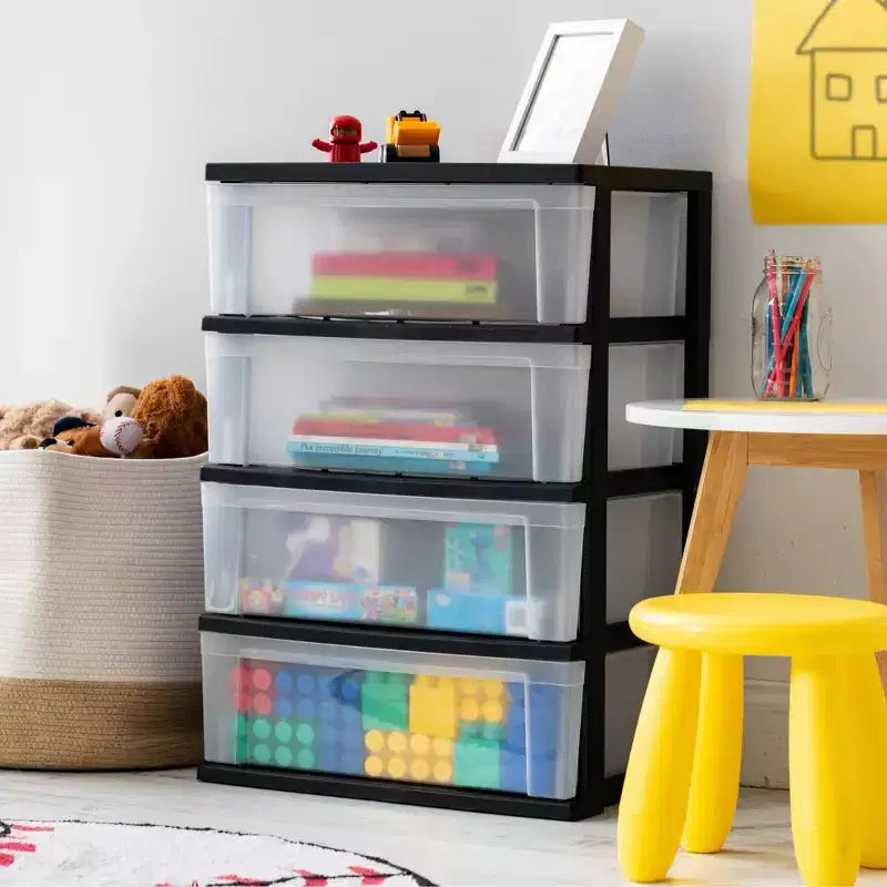 4-Drawer Wide Plastic Storage Chest - Black