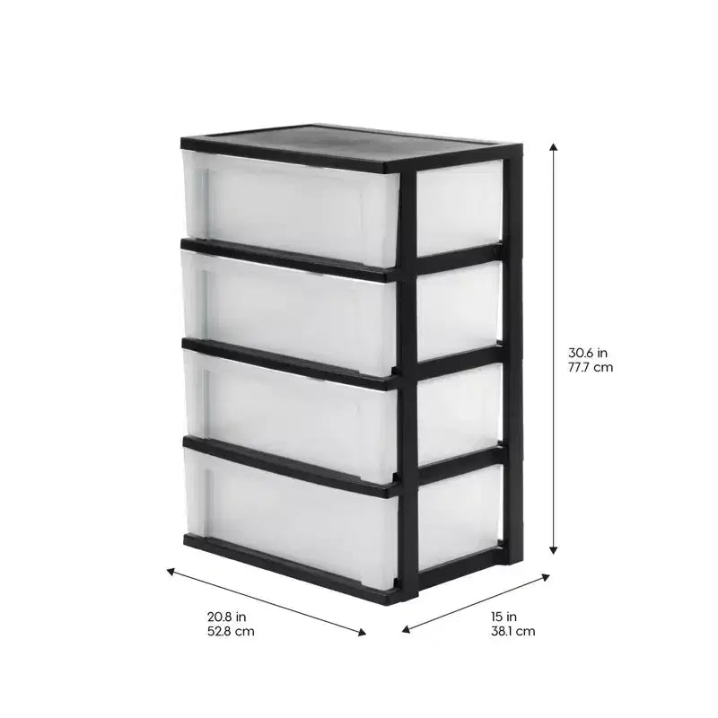 4-Drawer Wide Plastic Storage Chest - Black