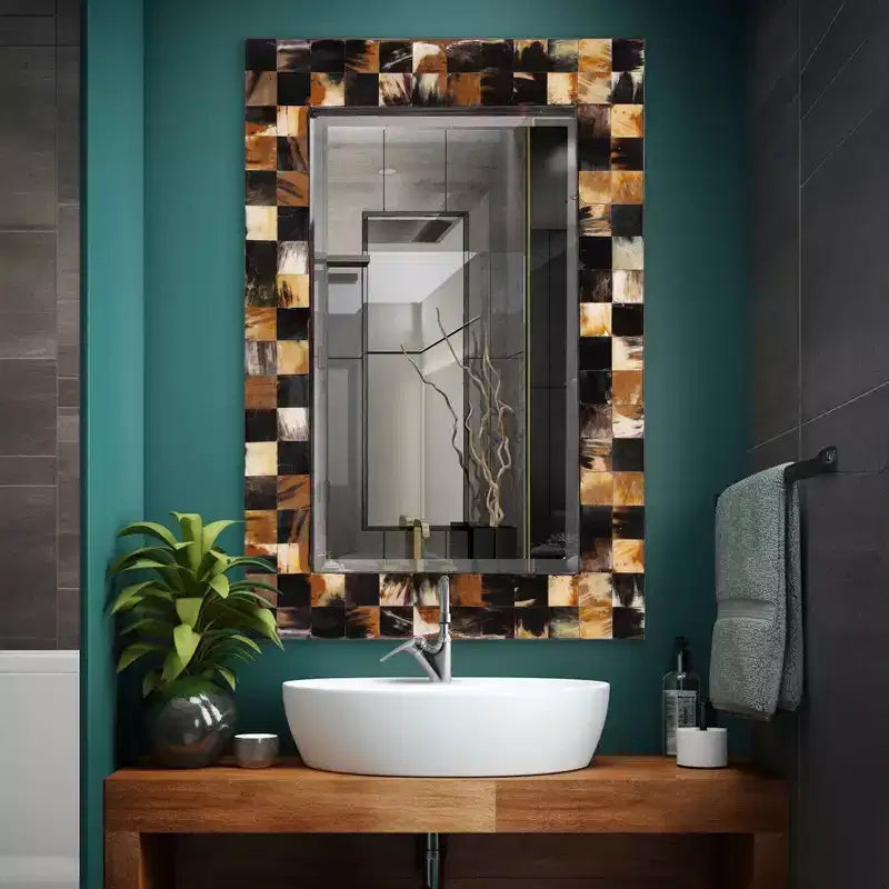 Elias 24" Rectangular Beveled Wall Mirror - White & Tan Tiled Horn Frame