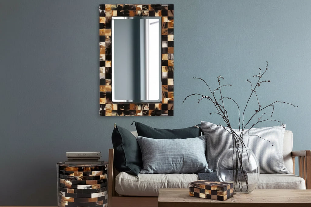 Elias 24" Rectangular Beveled Wall Mirror - White & Tan Tiled Horn Frame
