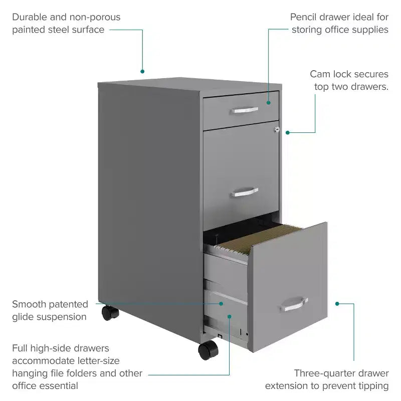 18" Deep 3-Drawer Mobile Vertical File Cabinet - Arctic Silver