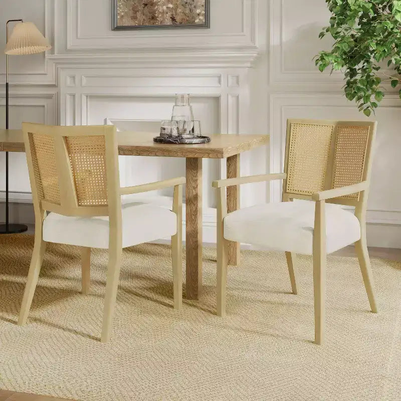 Set of 2 Nolan Rubberwood Dining Arm Chairs with Cane Webbing - Beige/Light Ash