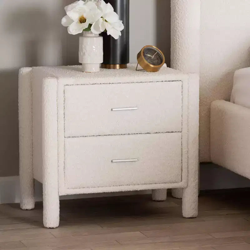 Teddy Bear Fabric 2-Drawer Nightstand - White