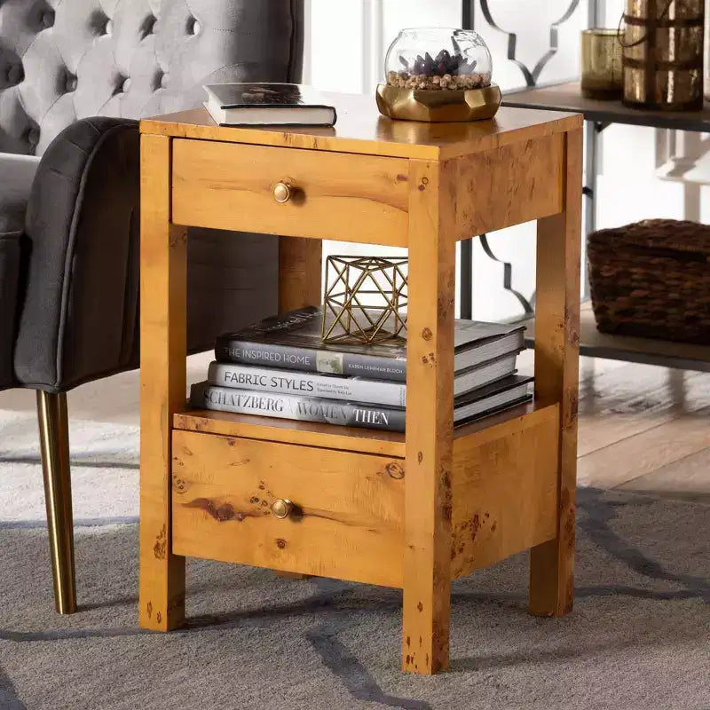 Azmi Burl Wood 2-Drawer Nightstand - Light Mappa Burl