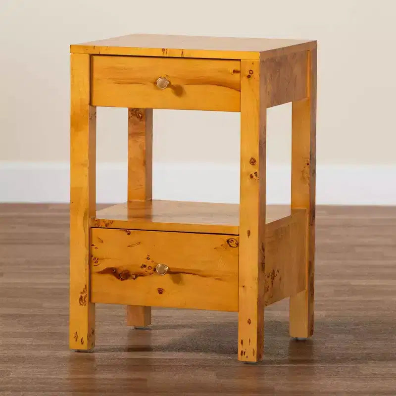 Azmi Burl Wood 2-Drawer Nightstand - Light Mappa Burl