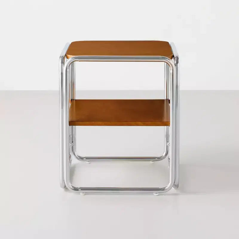Square Accent Table with Chrome Frame - Brown Wood Shelves
