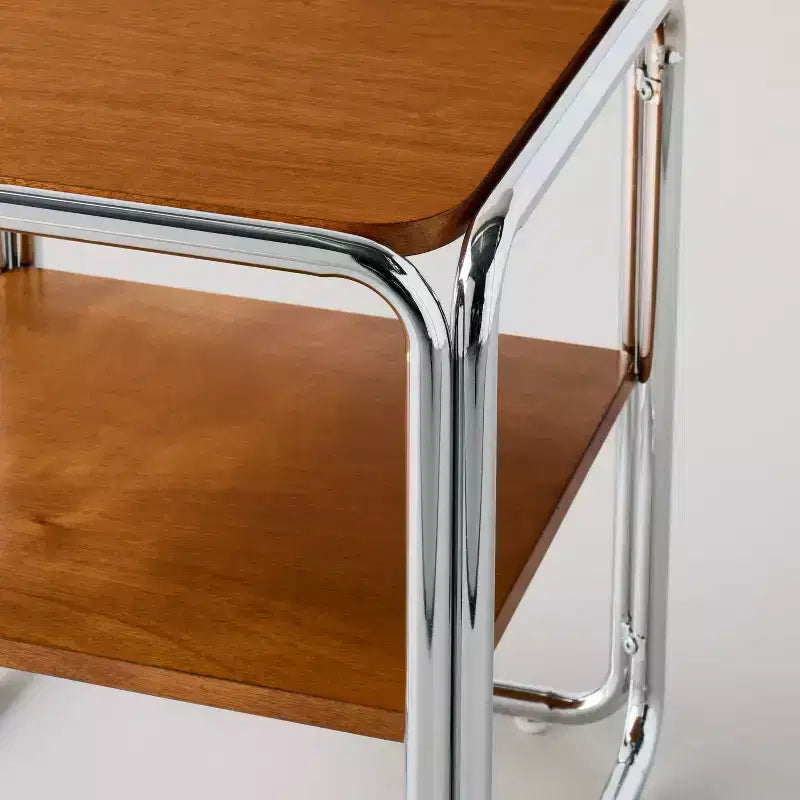 Square Accent Table with Chrome Frame - Brown Wood Shelves