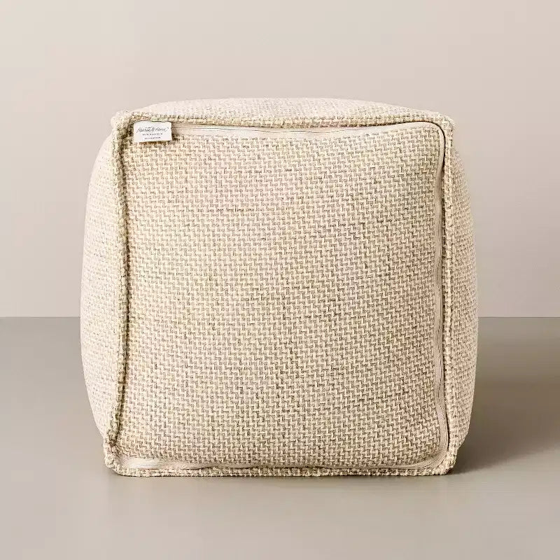Wool Pattern Square Pouf - Cream