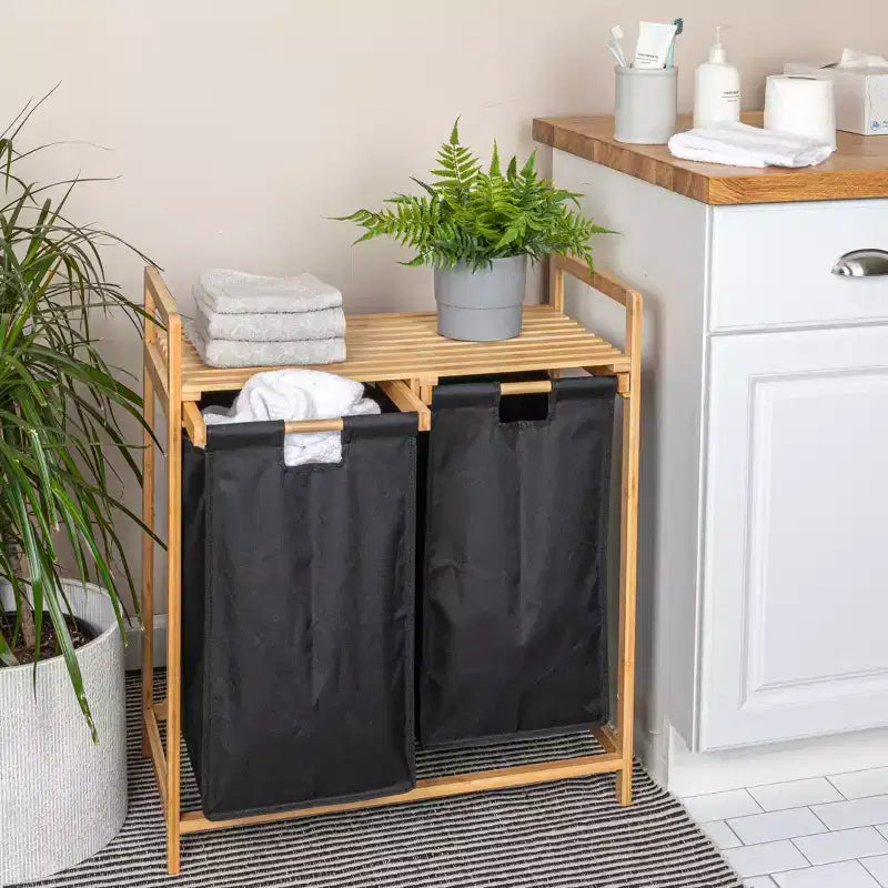 Bamboo Pull Out Double Hamper with Shelf, Natural and Black