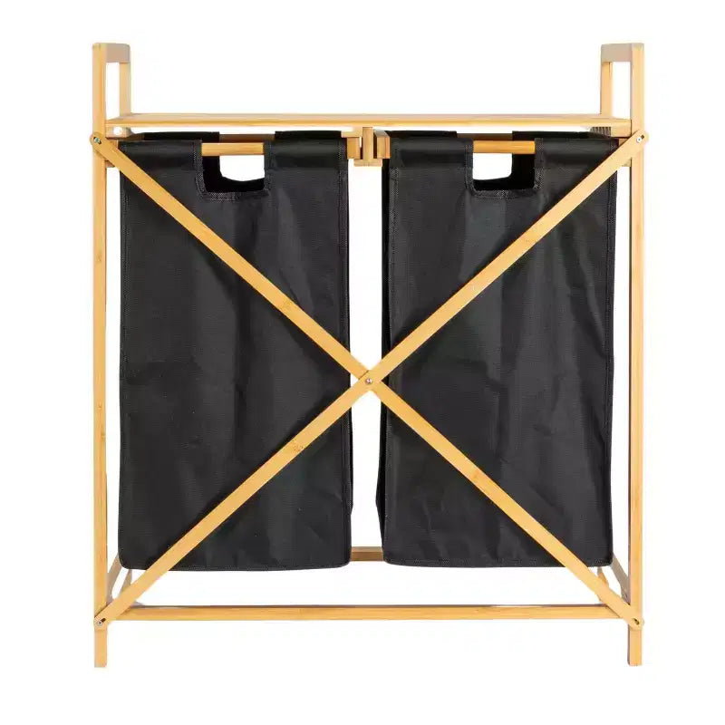 Bamboo Pull Out Double Hamper with Shelf, Natural and Black