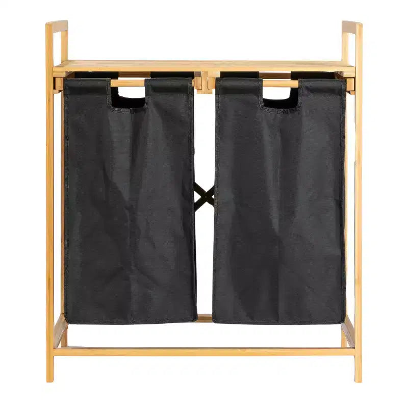 Bamboo Pull Out Double Hamper with Shelf, Natural and Black