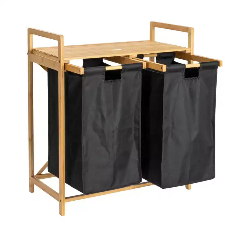 Bamboo Pull Out Double Hamper with Shelf, Natural and Black