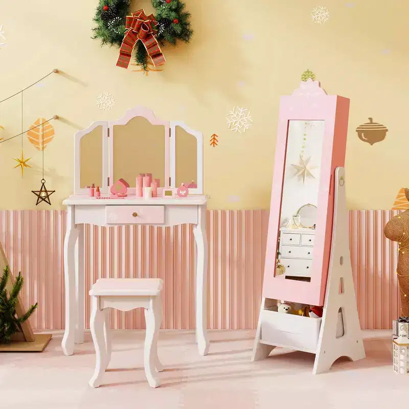 Costway Kids Vanity Set Princess Makeup Dressing Table & Chair Set with Jewelry Armoire White/Pink