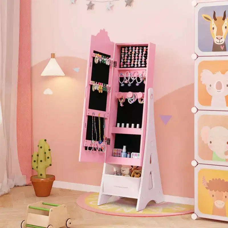 Costway Kids Vanity Set Princess Makeup Dressing Table & Chair Set with Jewelry Armoire White/Pink