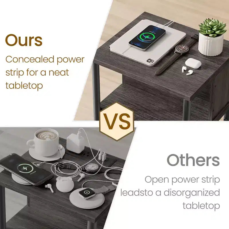 End Table with Built-in Charging Station 3-Tier Nightstand with USB Ports and Power Outlets Side Table for Living Room