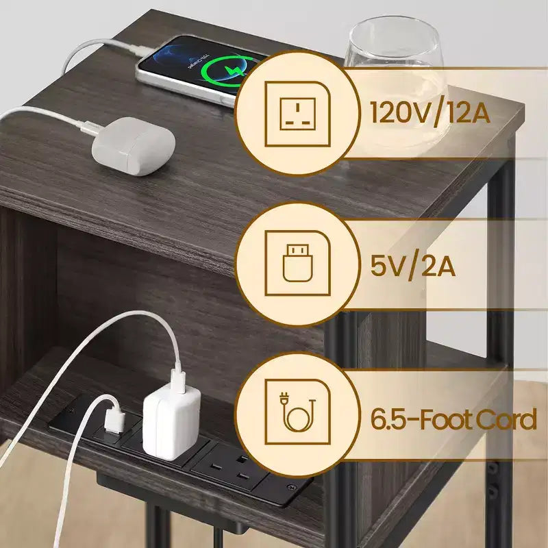 End Table with Built-in Charging Station 3-Tier Nightstand with USB Ports and Power Outlets Side Table for Living Room