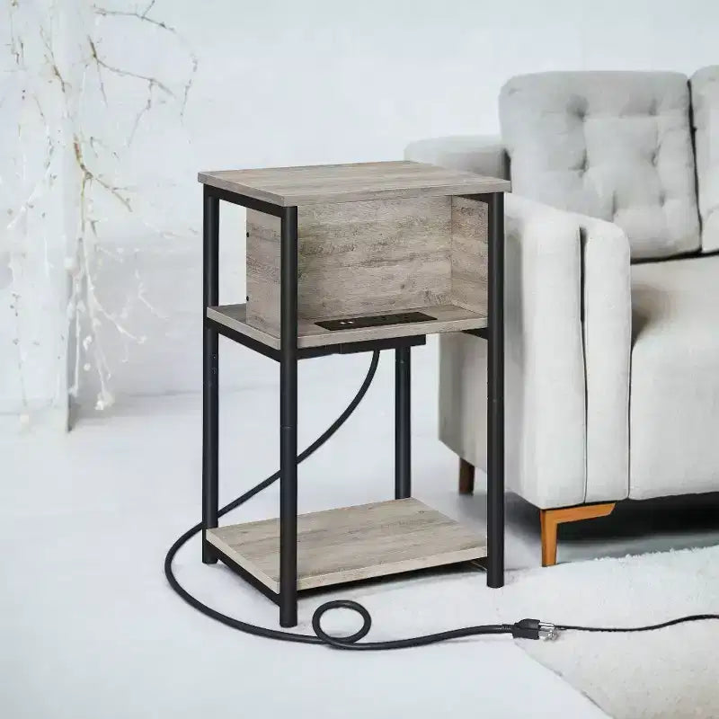 End Table with Built-in Charging Station 3-Tier Nightstand with USB Ports and Power Outlets Side Table for Living Room