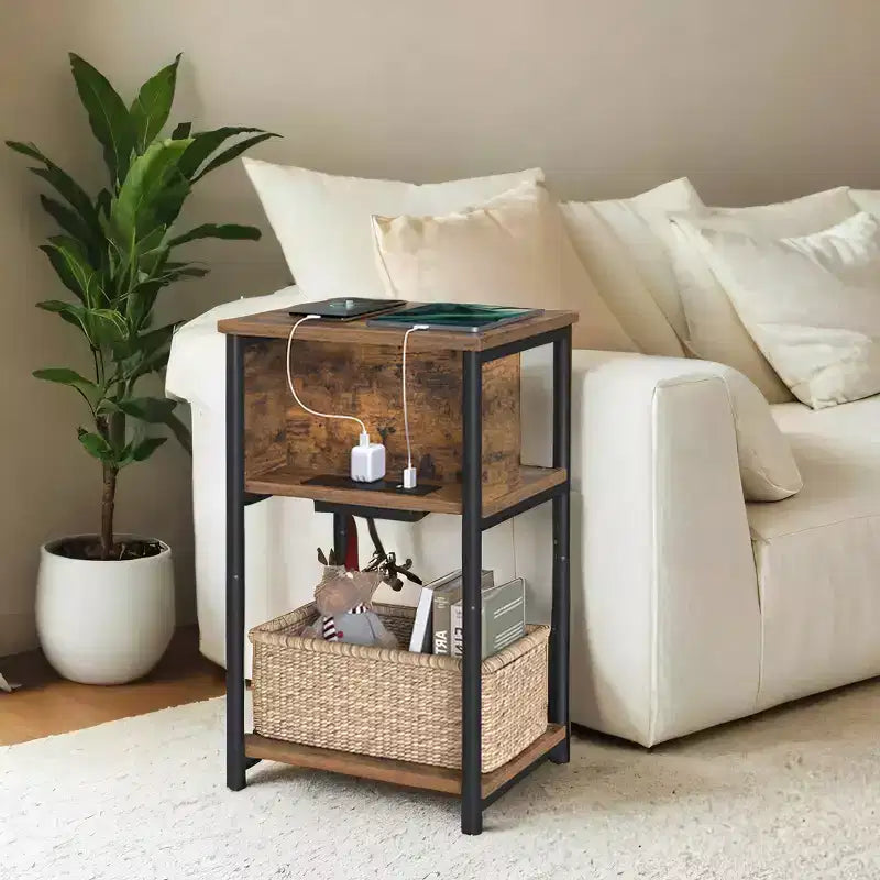 End Table with Built-in Charging Station 3-Tier Nightstand with USB Ports and Power Outlets Side Table for Living Room
