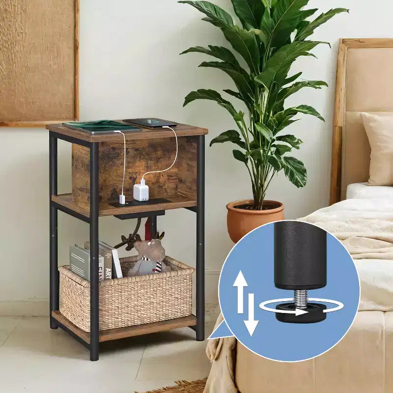 End Table with Built-in Charging Station 3-Tier Nightstand with USB Ports and Power Outlets Side Table for Living Room