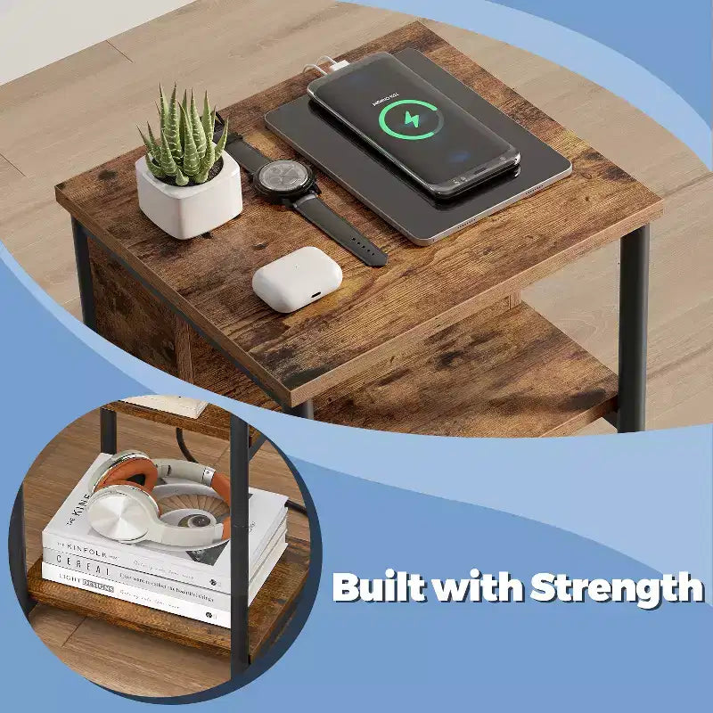 End Table with Built-in Charging Station 3-Tier Nightstand with USB Ports and Power Outlets Side Table for Living Room