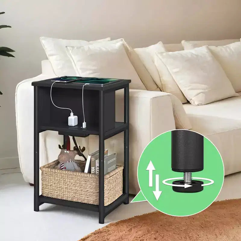 End Table with Built-in Charging Station 3-Tier Nightstand with USB Ports and Power Outlets Side Table for Living Room