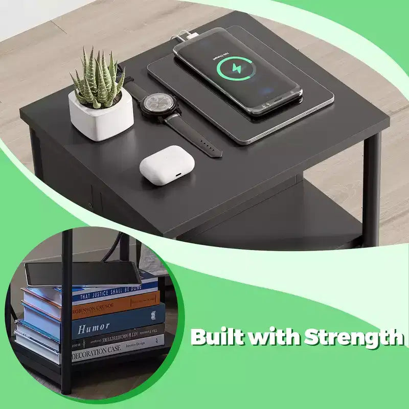 End Table with Built-in Charging Station 3-Tier Nightstand with USB Ports and Power Outlets Side Table for Living Room