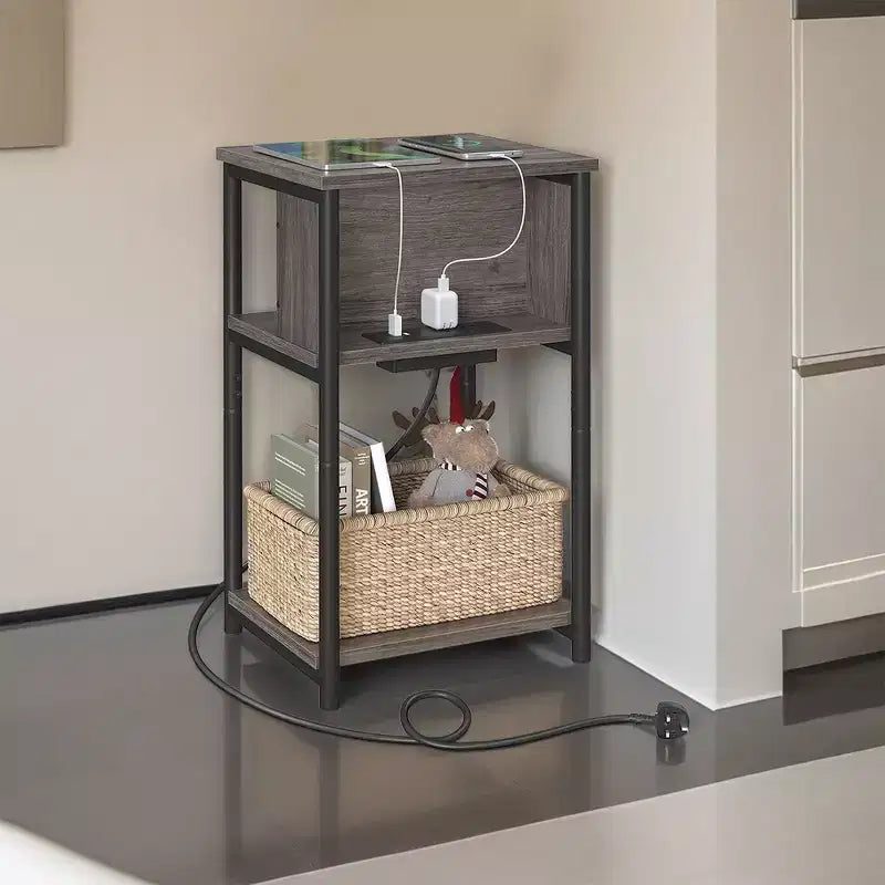End Table with Built-in Charging Station 3-Tier Nightstand with USB Ports and Power Outlets Side Table for Living Room