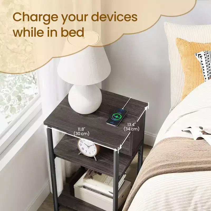 End Table with Built-in Charging Station 3-Tier Nightstand with USB Ports and Power Outlets Side Table for Living Room
