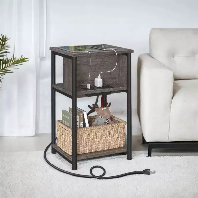 End Table with Built-in Charging Station 3-Tier Nightstand with USB Ports and Power Outlets Side Table for Living Room