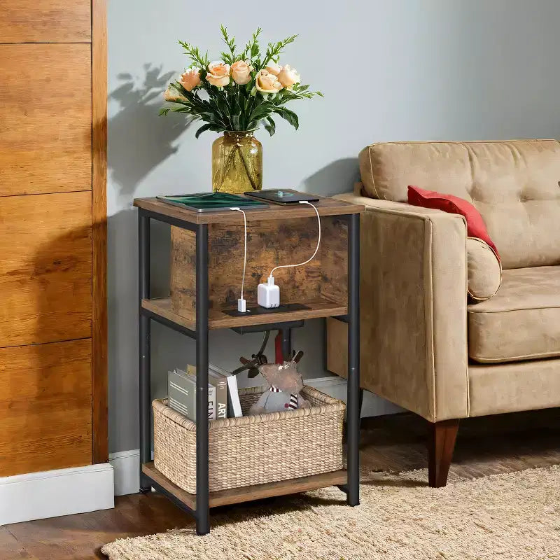 End Table with Built-in Charging Station 3-Tier Nightstand with USB Ports and Power Outlets Side Table for Living Room