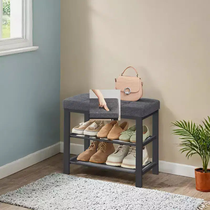 Entryway Shoe Bench with Cushion & Linen Seat - Metal Frame