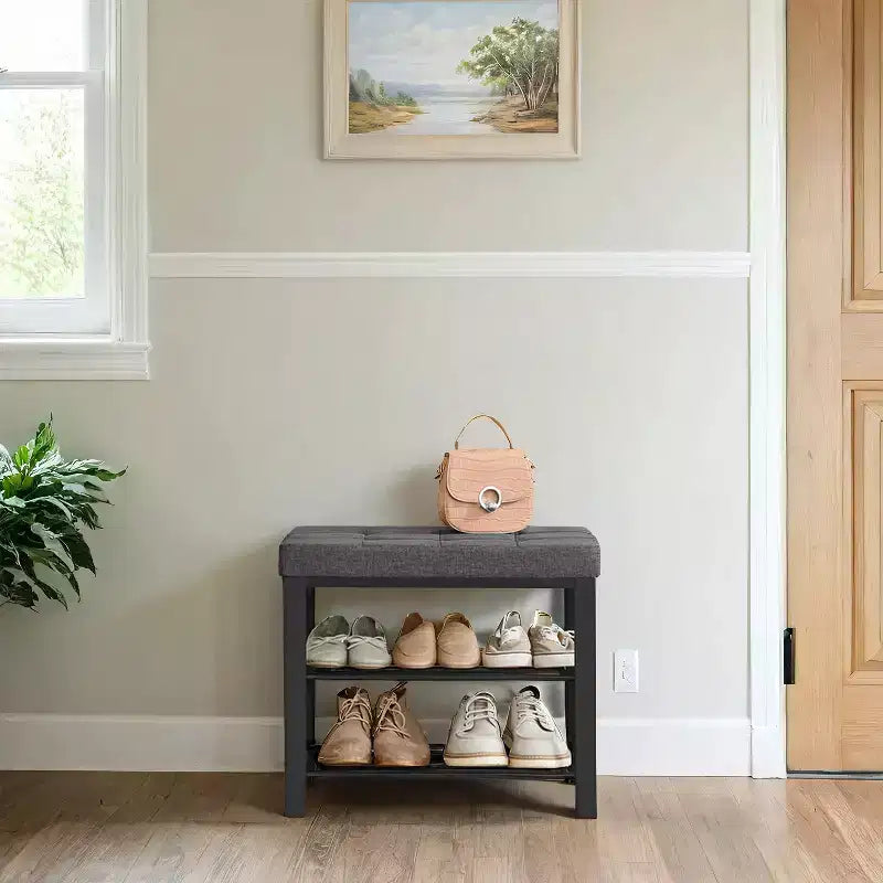 Entryway Shoe Bench with Cushion & Linen Seat - Metal Frame