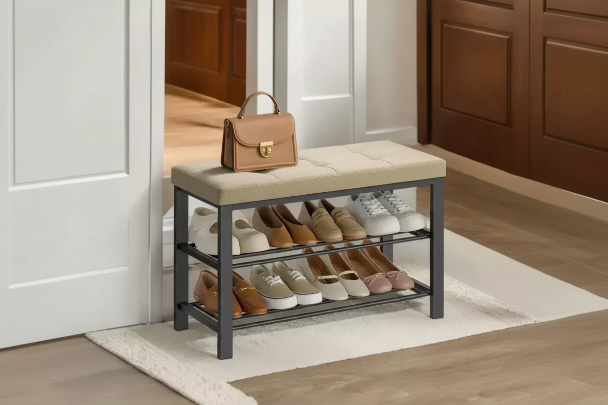 Shoe Bench, Storage Bench, Entryway Bench with Cushion, Shoe Shelf with Seat, Storage Organizer with Foam Padded Seat Linen Metal Frame