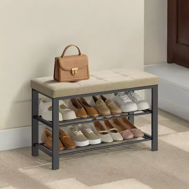 Entryway Shoe Bench with Cushion & Linen Seat - Large Metal Frame