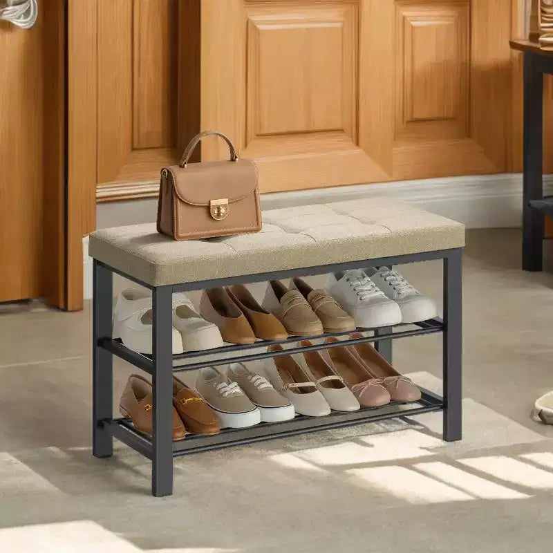 Entryway Shoe Bench with Cushion & Linen Seat - Large Metal Frame