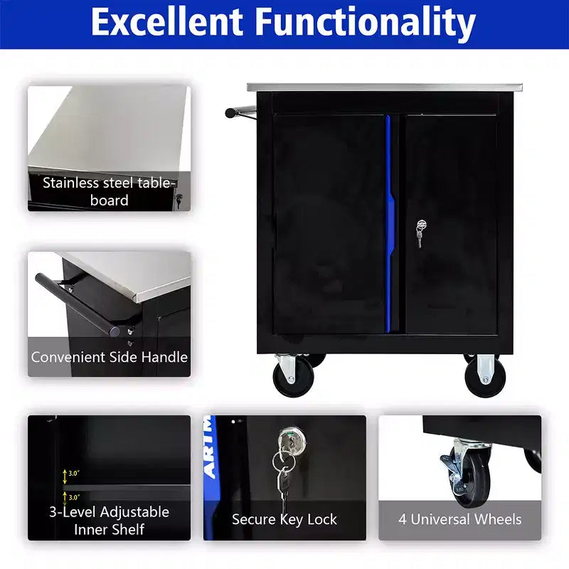 Metal Storage Cabinet with Wheels, Lockable Garage Storage Cabinet on Wheels, Rolling Tool Storage Cabinet For Workshop Garage,Assembly Required Black