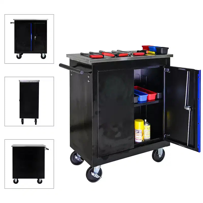 Metal Storage Cabinet with Wheels, Lockable Garage Storage Cabinet on Wheels, Rolling Tool Storage Cabinet For Workshop Garage,Assembly Required Black