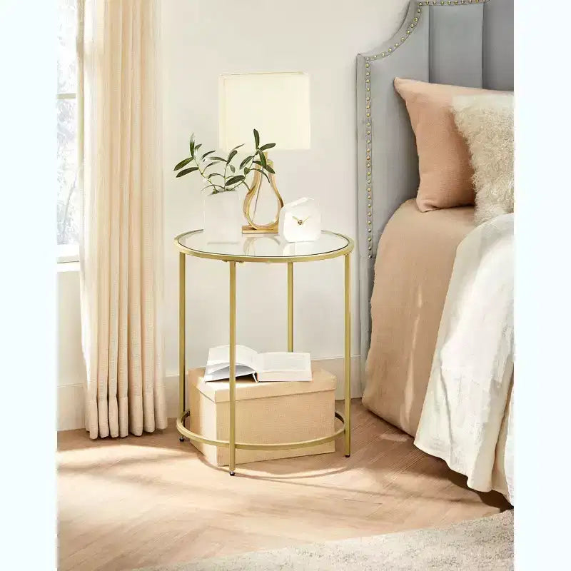 Set of 2 Round Glass Side Tables with Black Metal Frame