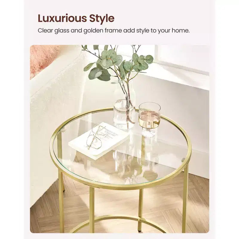Set of 2 Round Glass Side Tables with Black Metal Frame
