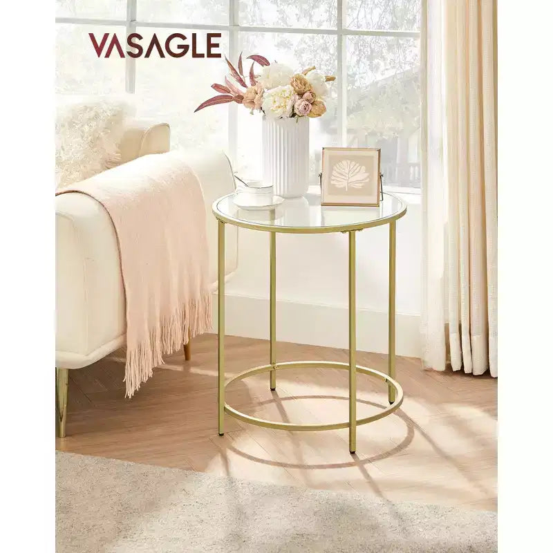Set of 2 Round Glass Side Tables with Black Metal Frame