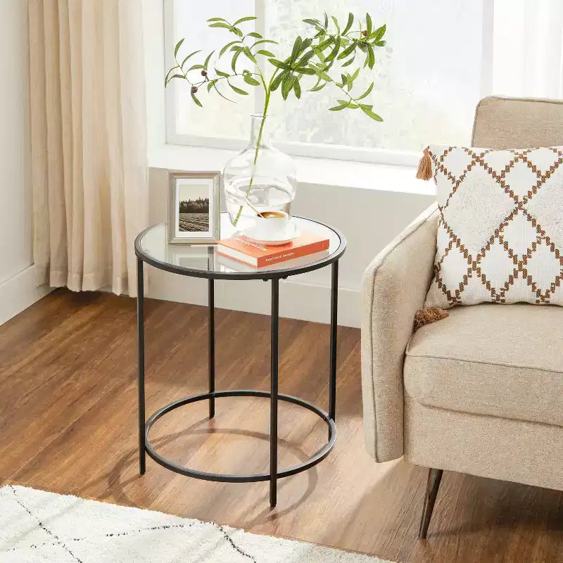 Set of 2 Round Glass Side Tables with Black Metal Frame