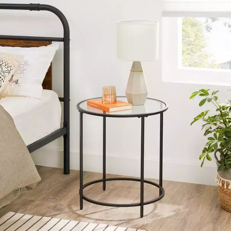 Set of 2 Round Glass Side Tables with Black Metal Frame