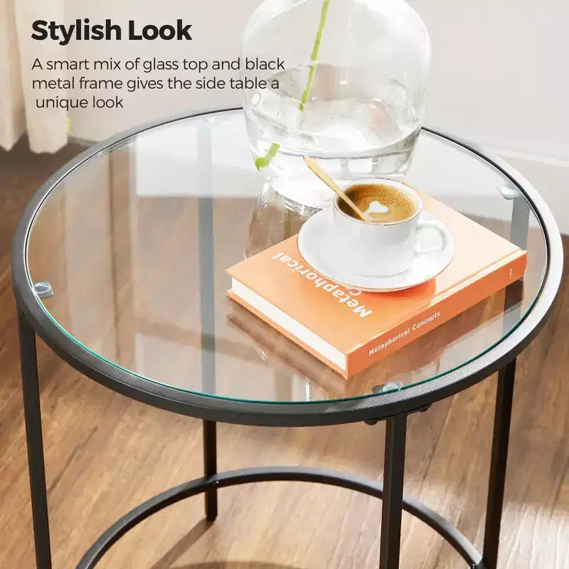 Set of 2 Round Glass Side Tables with Black Metal Frame
