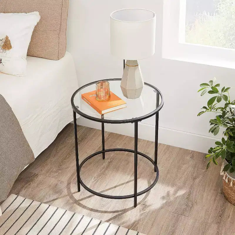Set of 2 Round Glass Side Tables with Black Metal Frame