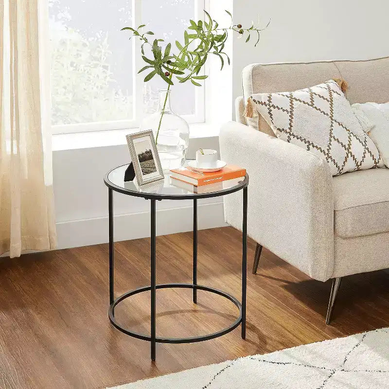 Set of 2 Round Glass Side Tables with Black Metal Frame
