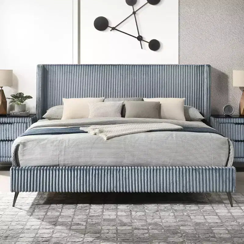 Mavela Wide Wale Corduroy Upholstery Panel Bed - Blue