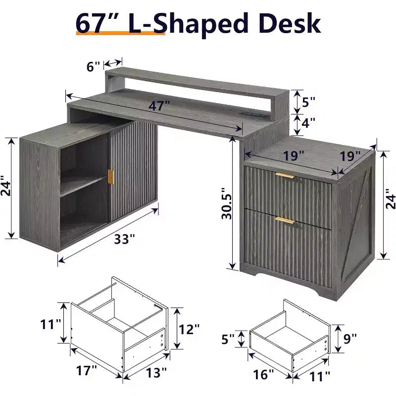 Modern 67 L-Shaped Desk with Storage Cabinet & Drawers, Wood Home Office Desk with Power Outlets, Standing Writing Desk