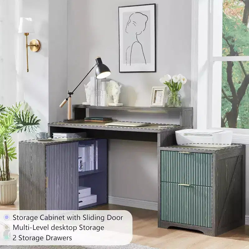 Modern 67 L-Shaped Desk with Storage Cabinet & Drawers, Wood Home Office Desk with Power Outlets, Standing Writing Desk